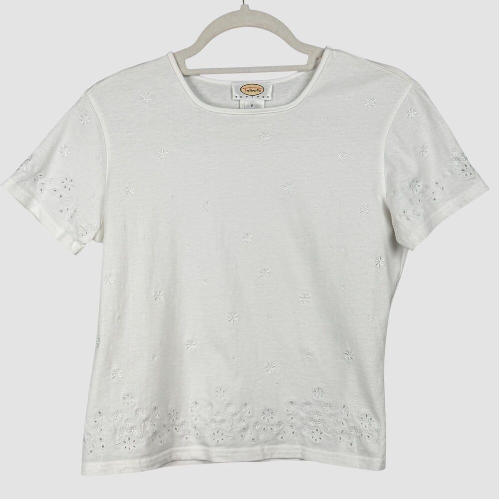 Talbots Petites White Embroidered Eyelet Floral Tee Petite P